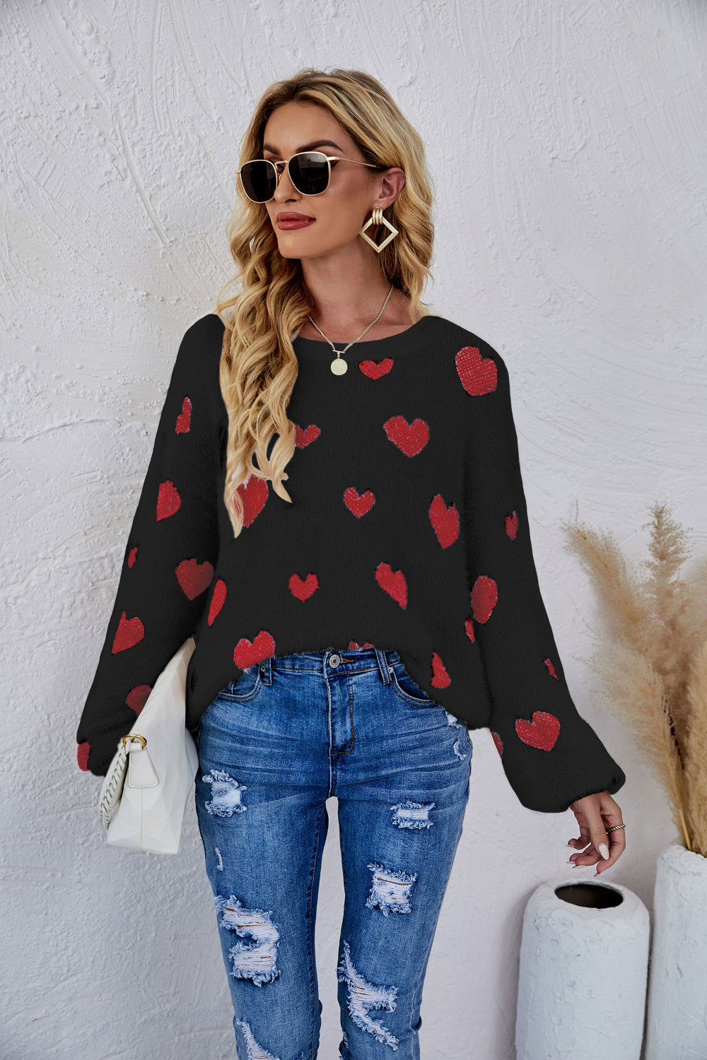 Heart Print Fuzzy Crewneck Long Sleeve Sweater Pimamour