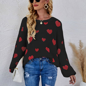 Heart Print Fuzzy Crewneck Long Sleeve Sweater Pimamour