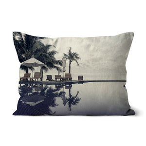 02B The lonely pool, the hidden beach and the palm tree - Faded colors Fine art photography print - Printed on  Cushion Pimamour Original Pimamour