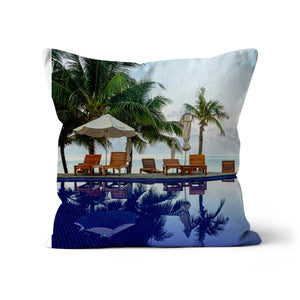 02F The lonely pool, the hidden beach and the palm tree - Cold colors fine art photography print - Printed on  Cushion Pimamour Original Pimamour