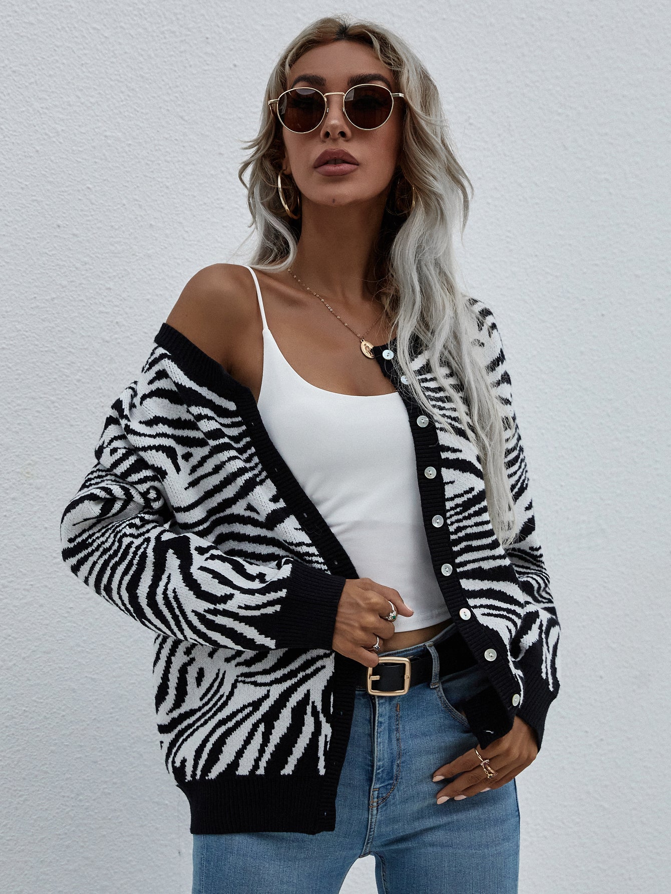 Zebra Print Button Down Cardigan Pimamour