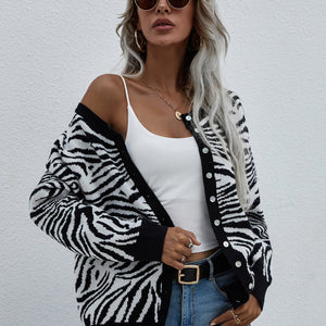 Zebra Print Button Down Cardigan Pimamour