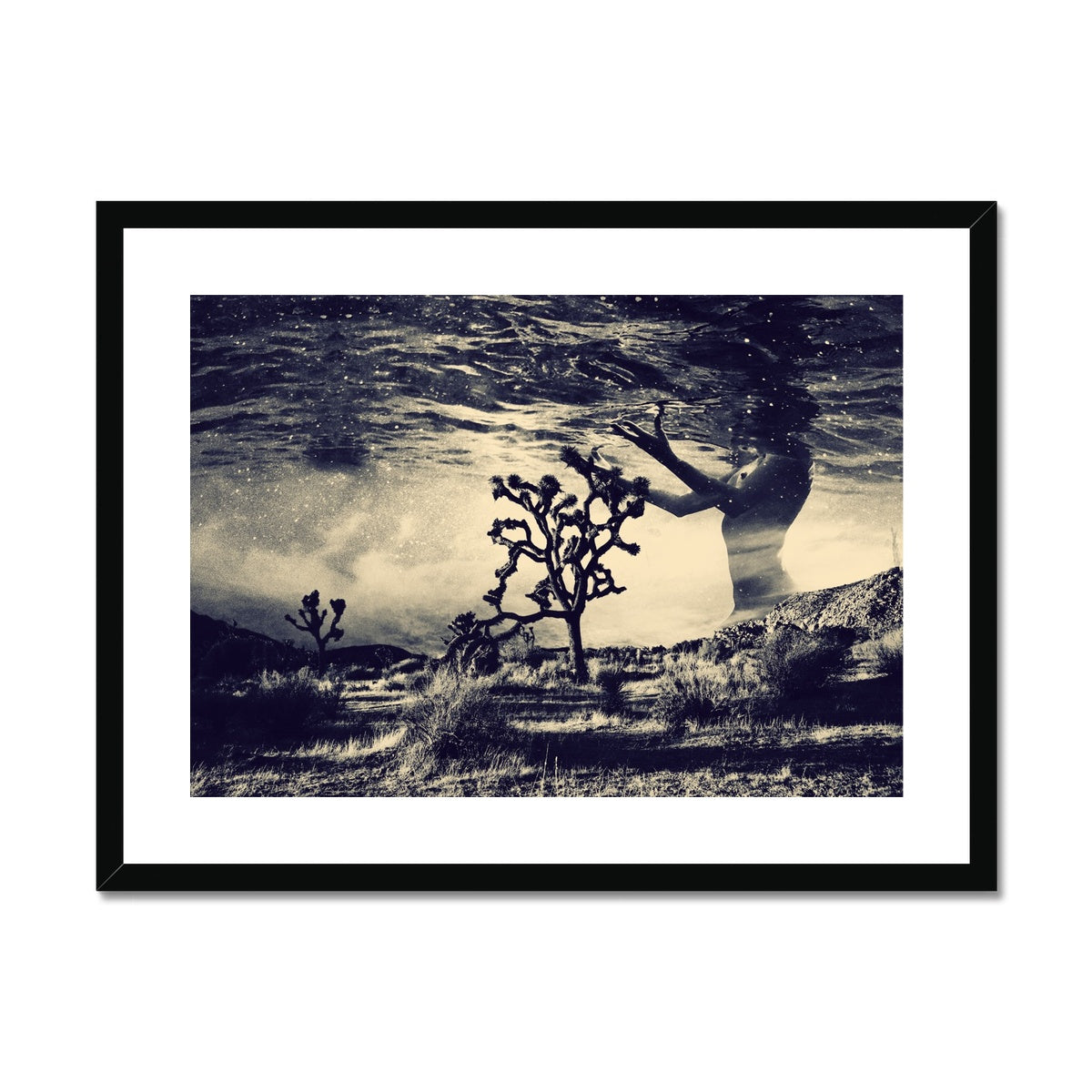 05 - Surreal dreamy poster of the protecting girl / goddess floating in the sky over the desert, wrapped in the night  Brandon Framed & Mounted Print Pimamour Original Pimamour