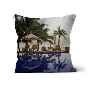 02E The lonely pool, the hidden beach and the palm tree - Toned colors fine art photography print - Printed on  Cushion Pimamour Original Pimamour