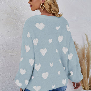 Heart Print Fuzzy Crewneck Long Sleeve Sweater Pimamour