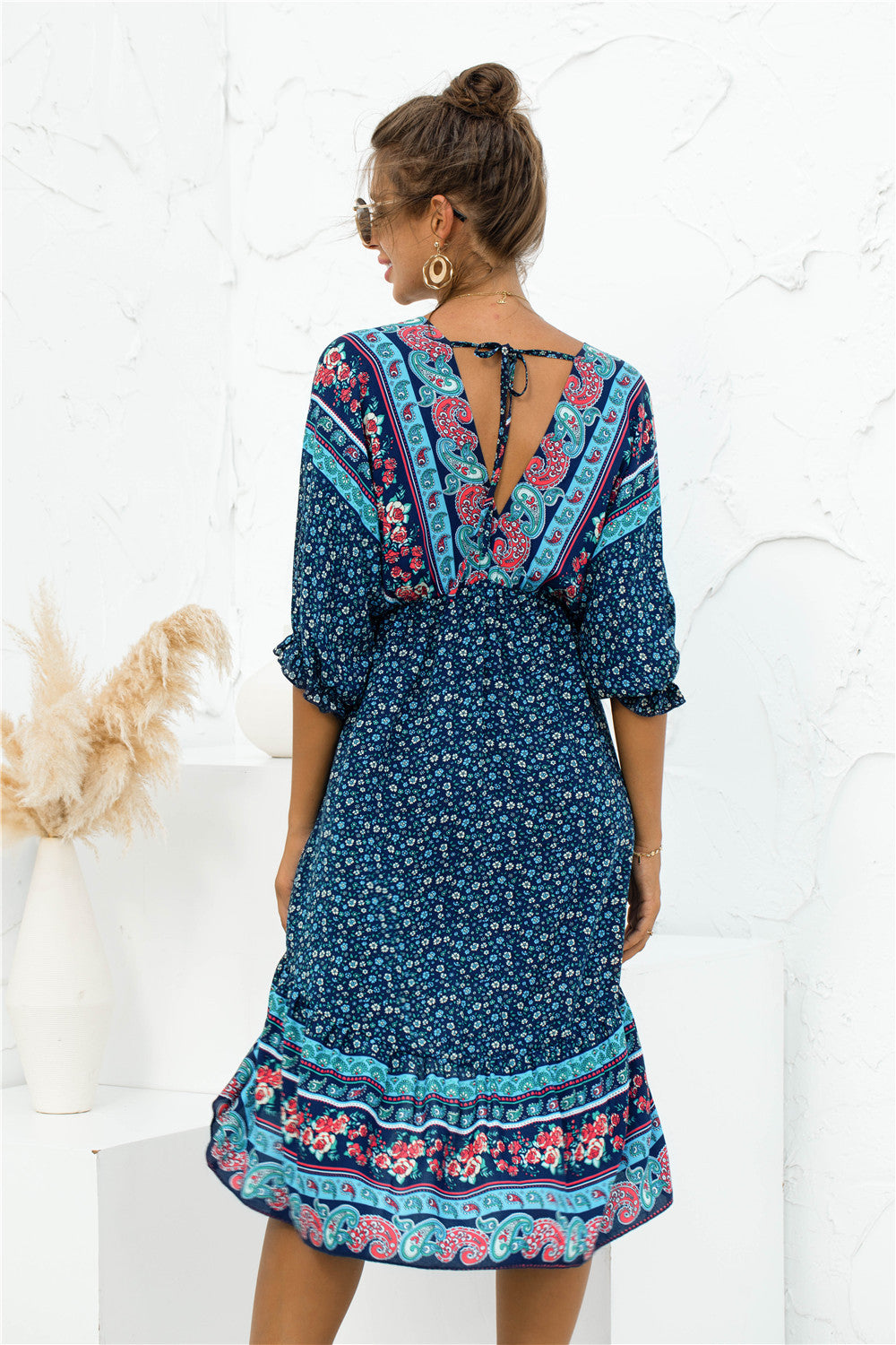 Printed Bohemian V Neck Dress Pimamour