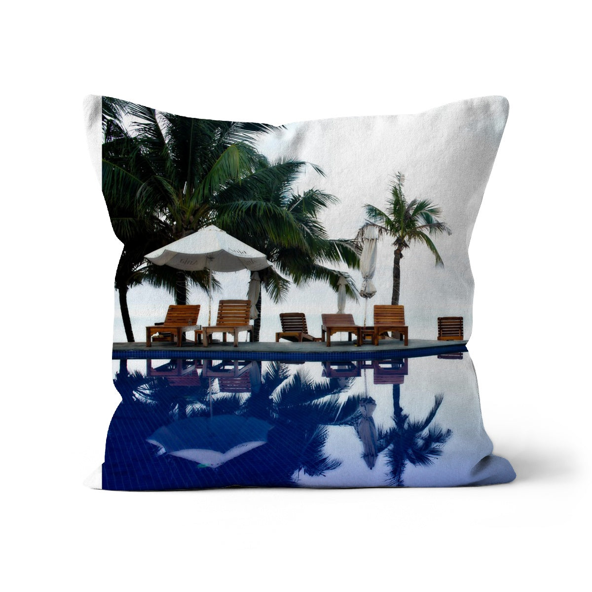 02A The lonely pool, the hidden beach and the palm tree - Dreamy colors fine art photography print - Printed on  Cushion Pimamour Original Pimamour