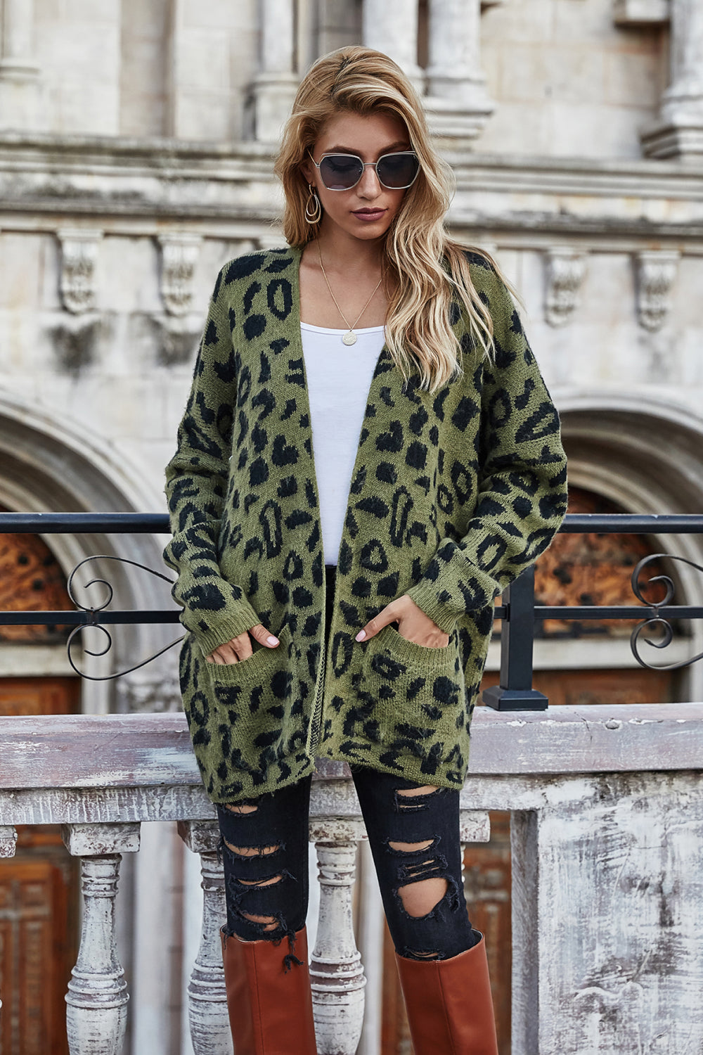 Leopard Longline Cardigan with Pockets Pimamour