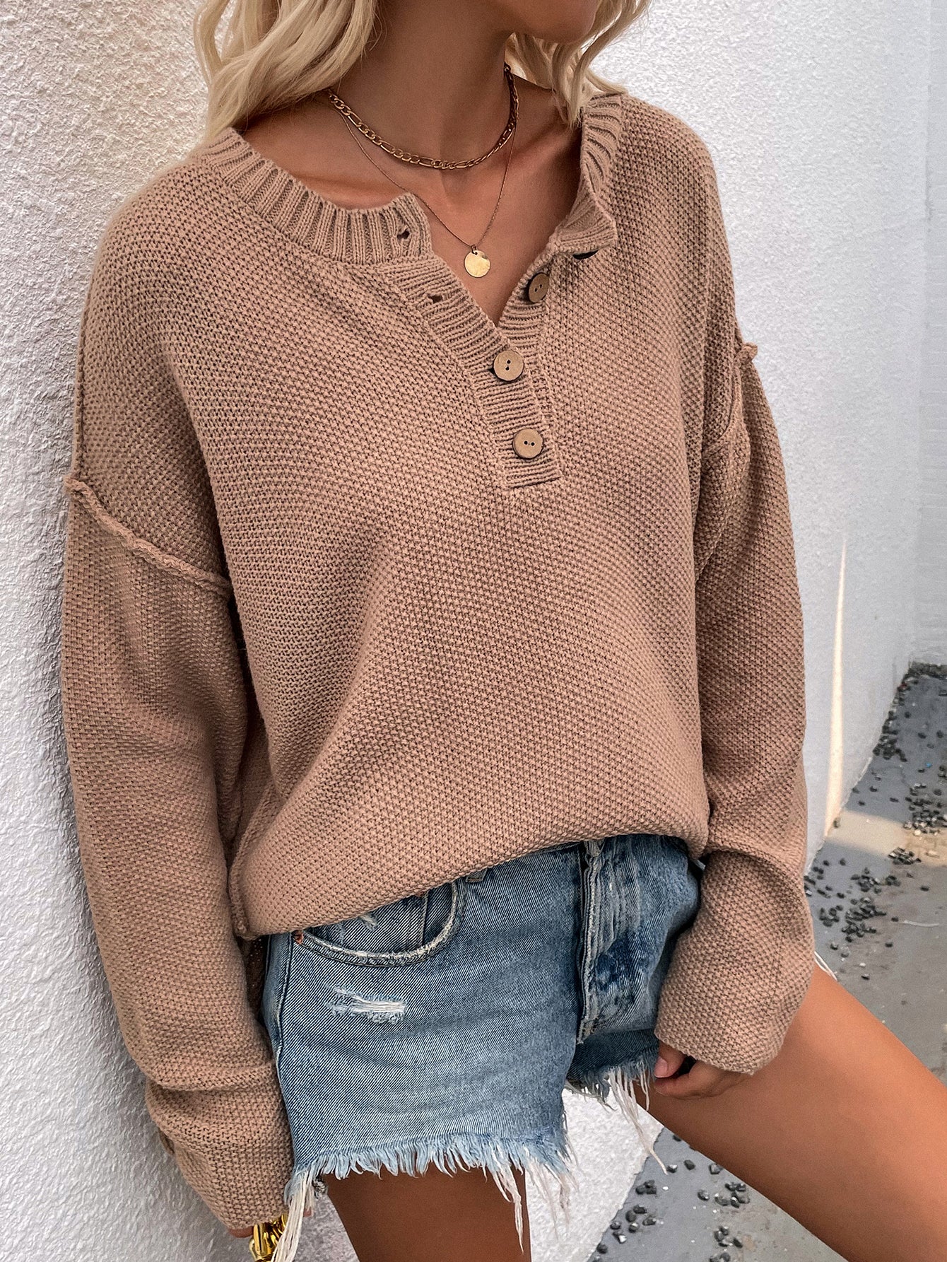 Buttoned Exposed Seam High-Low Sweater Pimamour