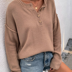 Buttoned Exposed Seam High-Low Sweater Pimamour