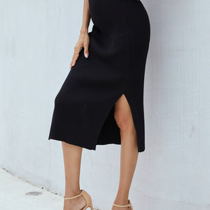 Ribbed Side Slit Midi Skirt Pimamour