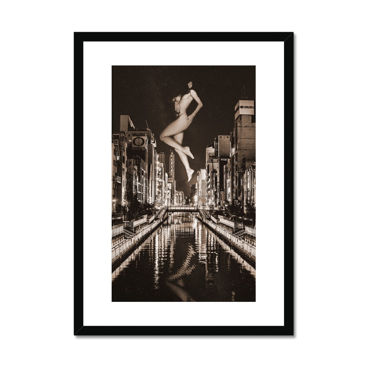 02 - Surreal dreamy poster of the protecting girl / goddess / mermaid floating in the sky over the city, wrapped in the night Chocolate Framed & Mounted Print Pimamour Original Pimamour