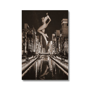 02 - Surreal dreamy poster of the protecting girl / goddess / mermaid floating in the sky over the city, wrapped in the night Chocolate Canvas Pimamour Original Pimamour