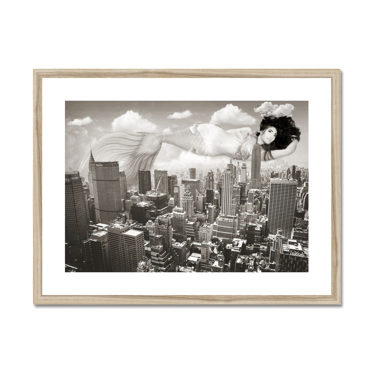 08 - Surreal dreamy poster of the  mermaid floating in the sky over the city, wrapped in the night - Black and White Framed & Mounted Print Pimamour Original Pimamour