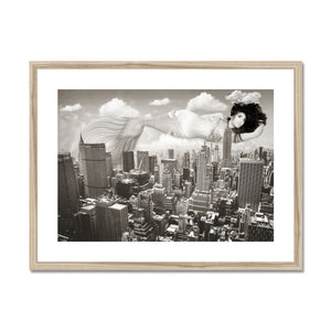 08 - Surreal dreamy poster of the  mermaid floating in the sky over the city, wrapped in the night - Black and White Framed & Mounted Print Pimamour Original Pimamour