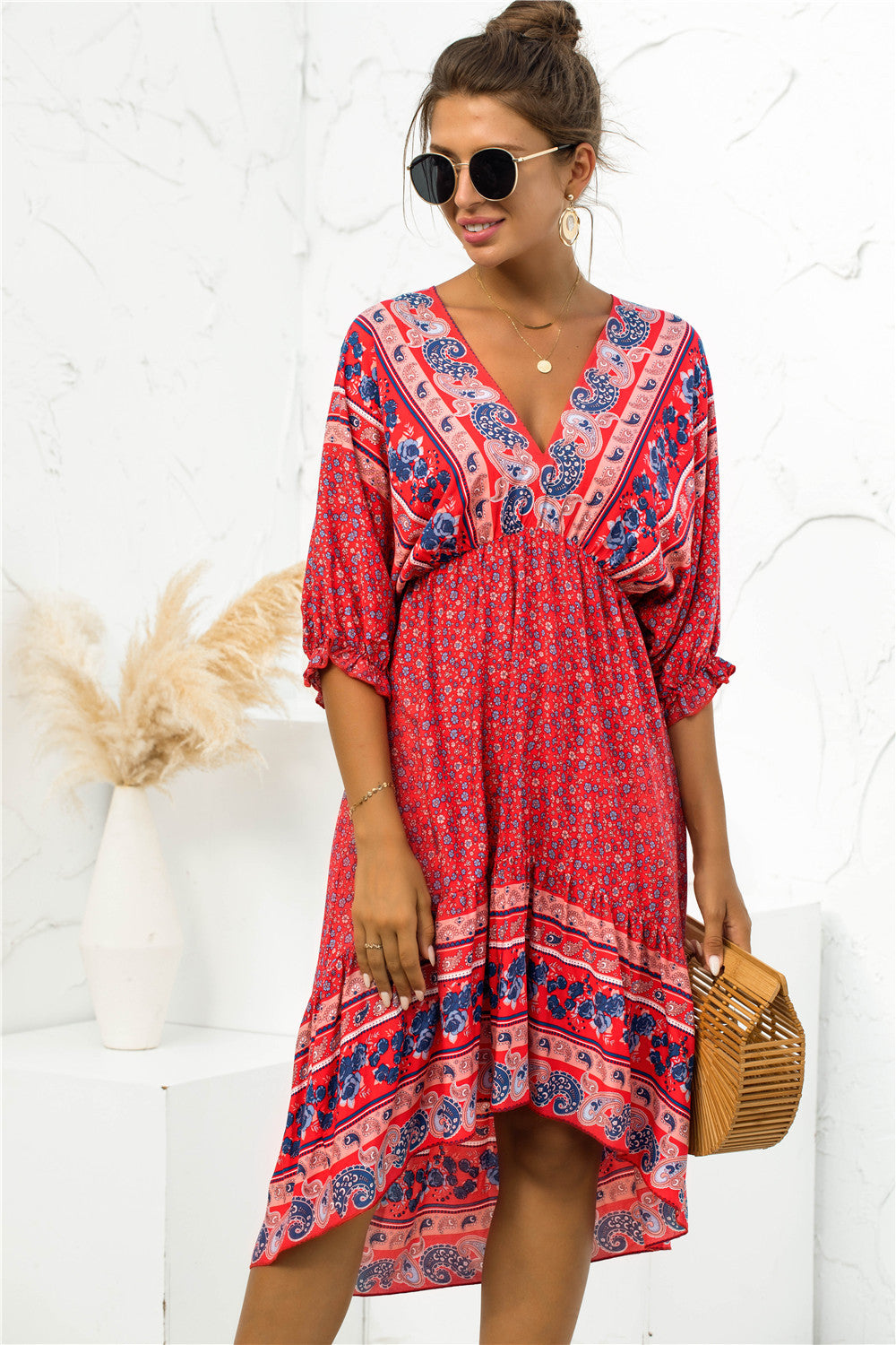 Printed Bohemian V Neck Dress Pimamour