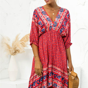 Printed Bohemian V Neck Dress Pimamour