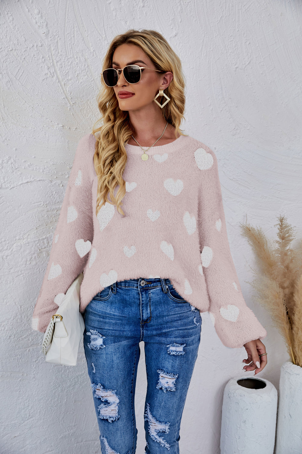 Heart Print Fuzzy Crewneck Long Sleeve Sweater Pimamour