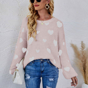 Heart Print Fuzzy Crewneck Long Sleeve Sweater Pimamour