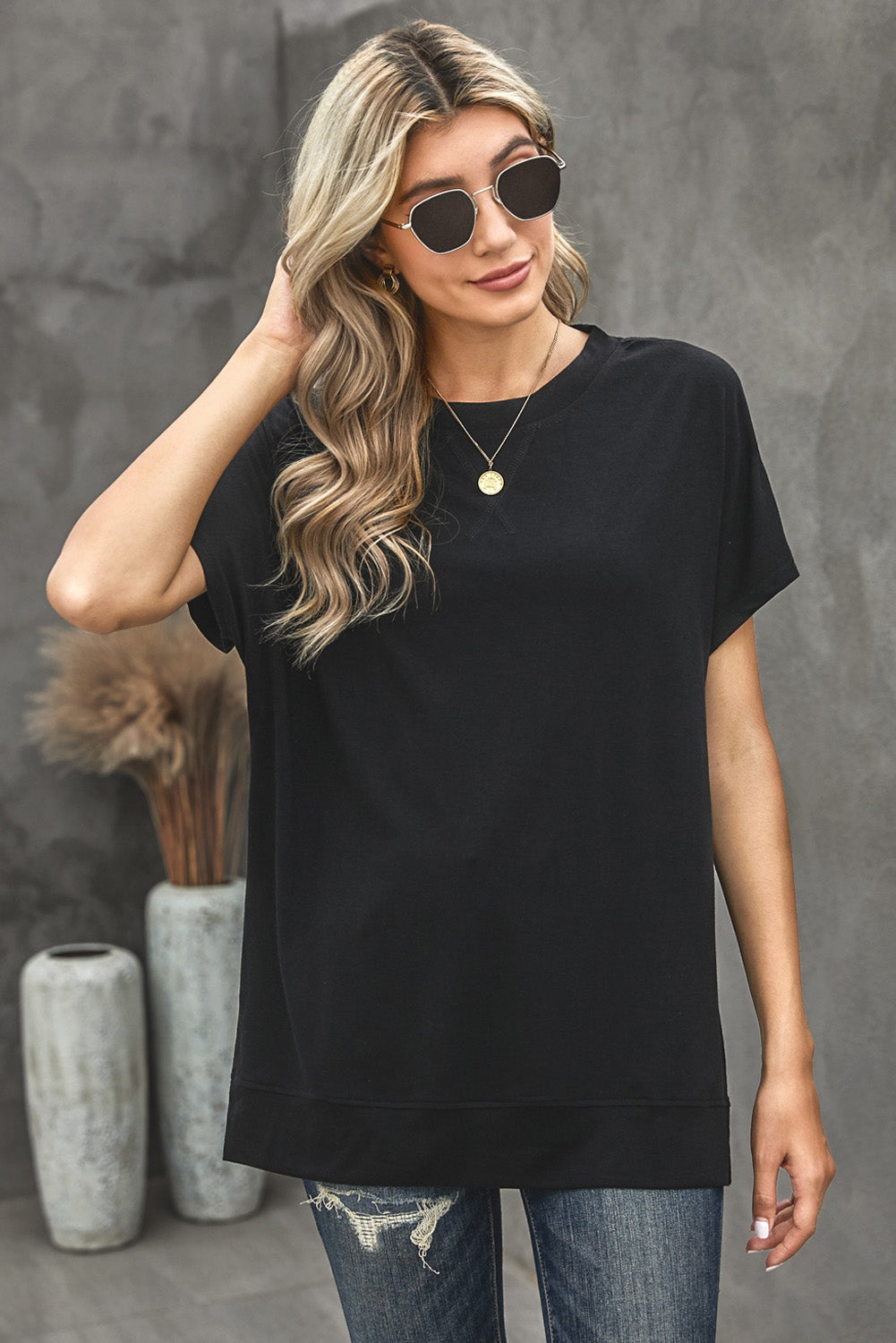 Round Neck Short Sleeve Solid Color Tee Pimamour