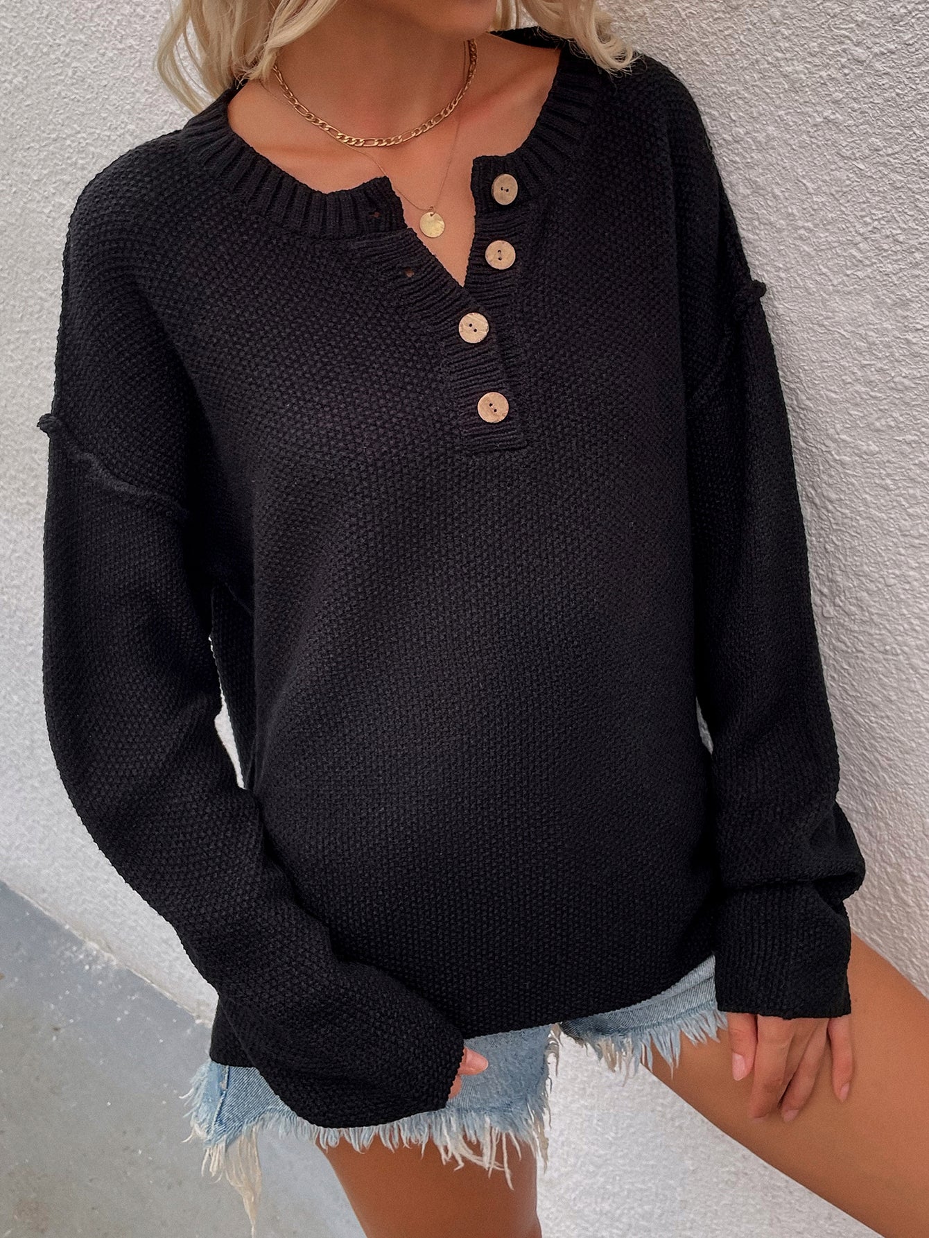 Buttoned Exposed Seam High-Low Sweater Pimamour