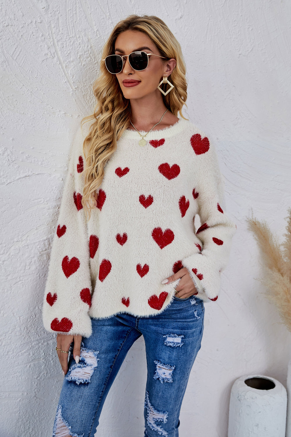 Heart Print Fuzzy Crewneck Long Sleeve Sweater Pimamour