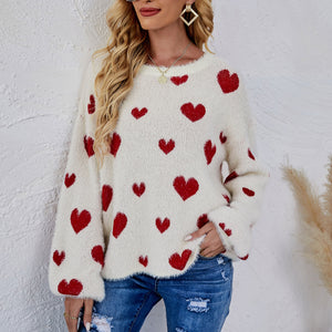 Heart Print Fuzzy Crewneck Long Sleeve Sweater Pimamour