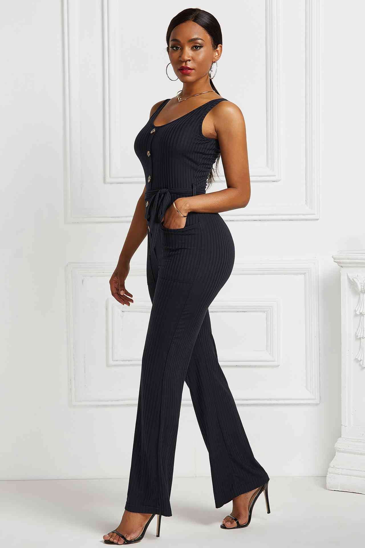 Button Detail Tie Waist Jumpsuit with Pockets Pimamour