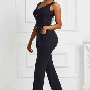 Button Detail Tie Waist Jumpsuit with Pockets Pimamour