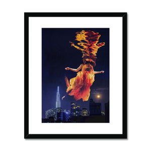 06 - Surreal dreamy poster of the protecting girl / goddess / mermaid floating in the sky over the city, wrapped in the night Color Framed & Mounted Print Pimamour Original Pimamour