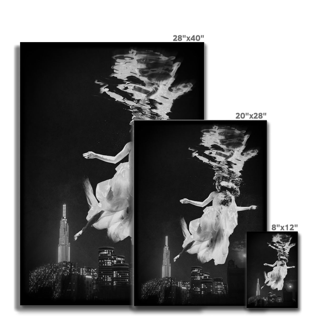 06 - Surreal dreamy poster of the protecting girl / goddess / mermaid floating in the sky over the city, wrapped in the night Black and White Canvas Pimamour Original Pimamour