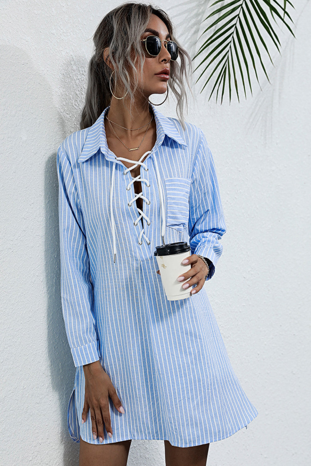 Lace Up Collar Shirt Dress Pimamour