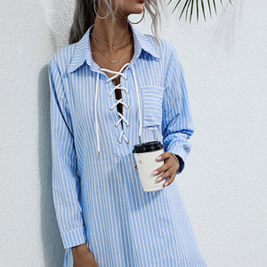 Lace Up Collar Shirt Dress Pimamour