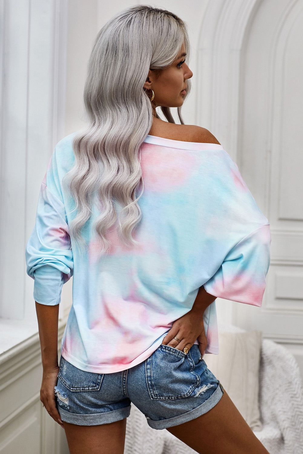 Tie-Dye Boat Neck Batwing Sleeve Tee Pimamour