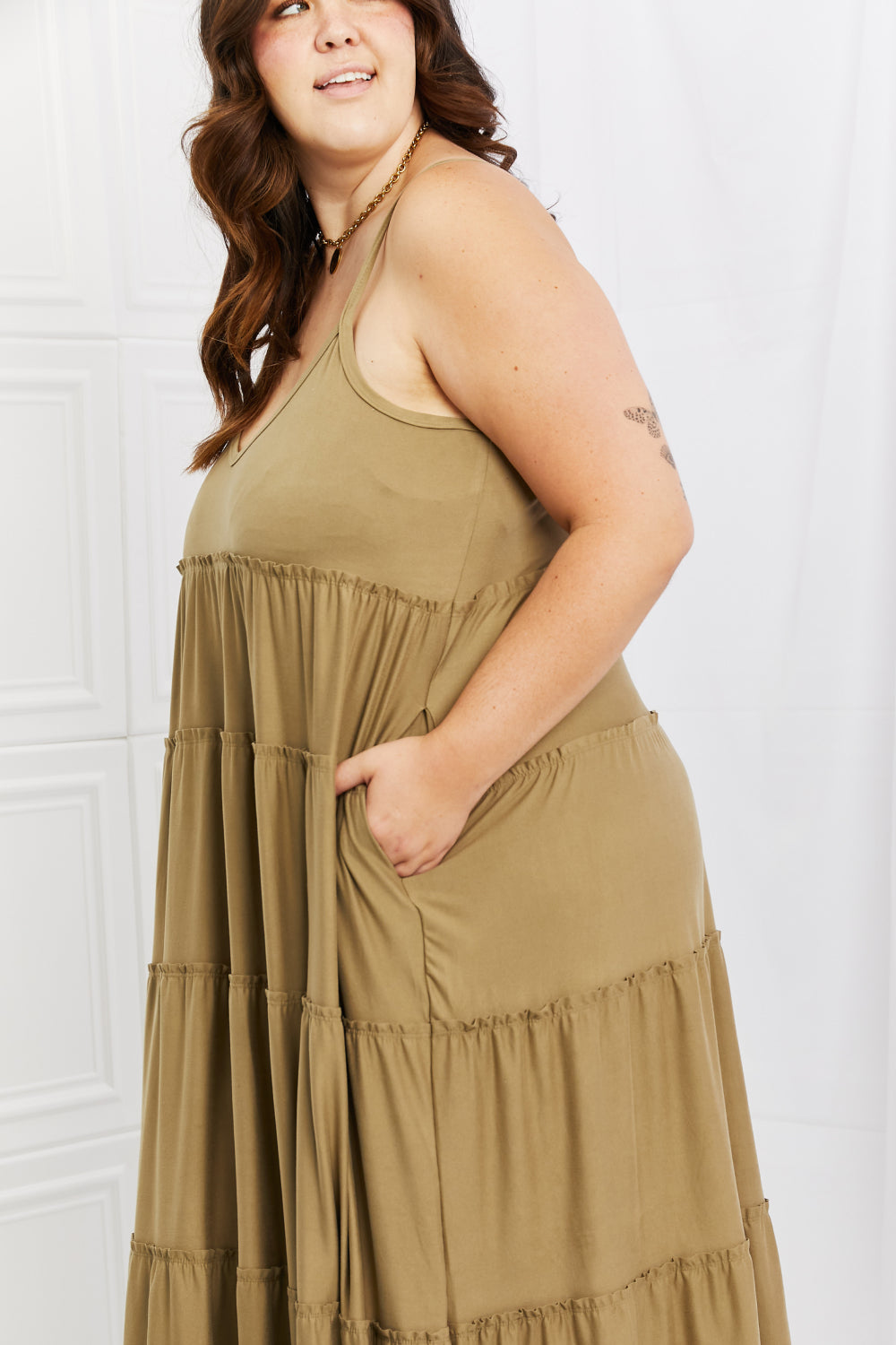 Zenana Full Size Spaghetti Strap Tiered Dress with Pockets in Khaki-Pimamour