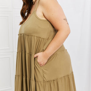 Zenana Full Size Spaghetti Strap Tiered Dress with Pockets in Khaki-Pimamour