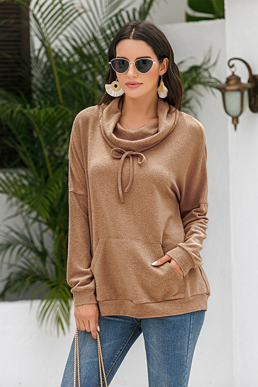 Cowl Neck Drop Shoulder Sweatshirt Pimamour