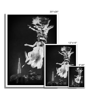 06 - Surreal dreamy poster of the protecting girl / goddess / mermaid floating in the sky over the city, wrapped in the night Black and White Photo Art Print Pimamour Original Pimamour