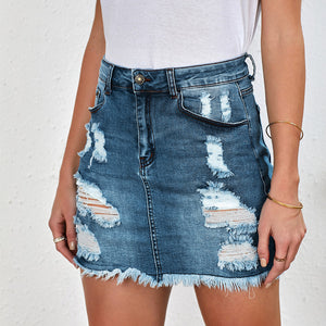 Distressed Raw Hem Denim Mini Skirt Pimamour