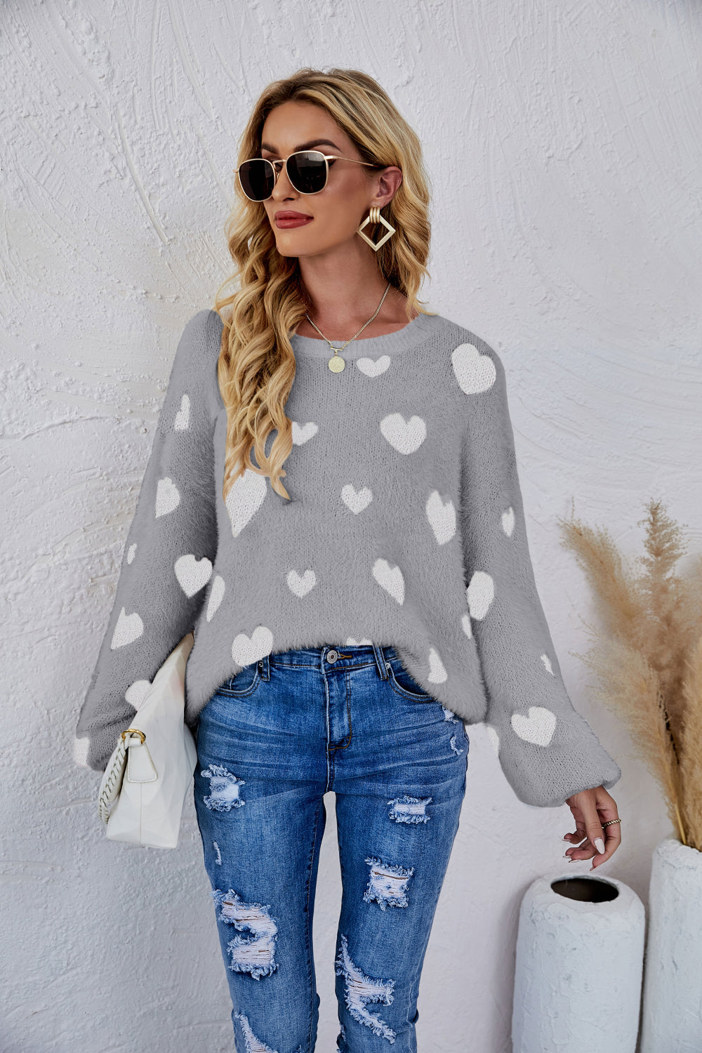 Heart Print Fuzzy Crewneck Long Sleeve Sweater Pimamour