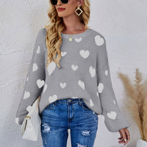 Heart Print Fuzzy Crewneck Long Sleeve Sweater Pimamour