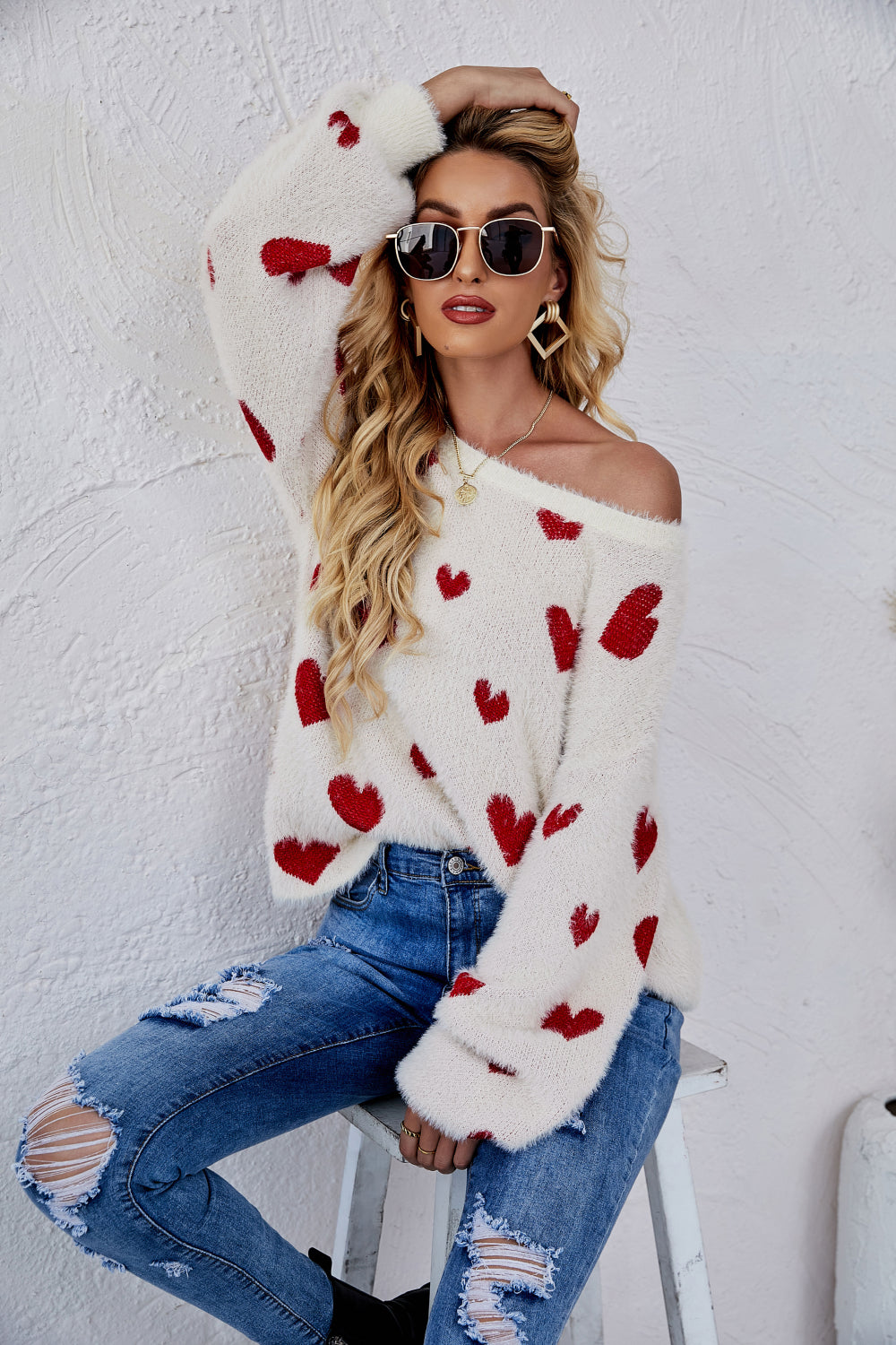 Heart Print Fuzzy Crewneck Long Sleeve Sweater Pimamour