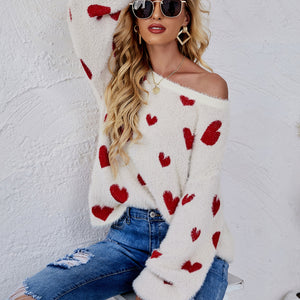 Heart Print Fuzzy Crewneck Long Sleeve Sweater Pimamour