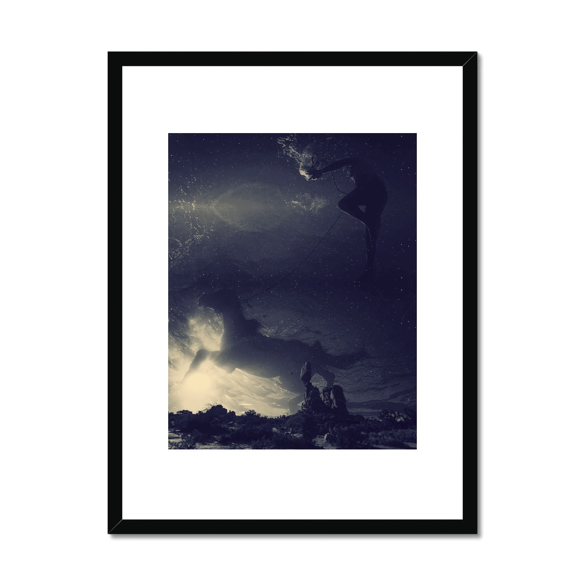 03 - Surreal dreamy poster of the dancing horse floating in the sky over the desert, wrapped in the night Brandon Framed & Mounted Print Pimamour Original Pimamour