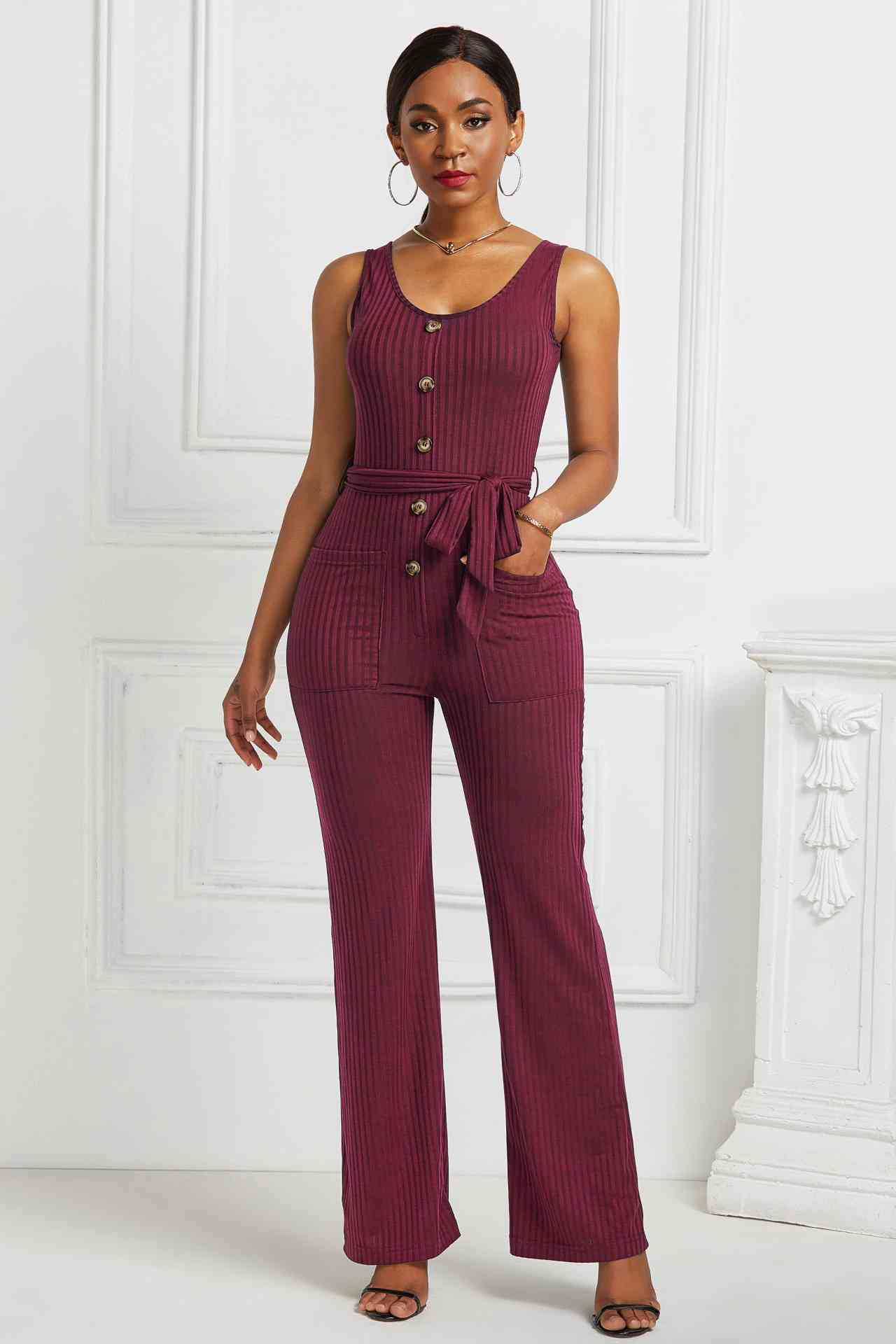 Button Detail Tie Waist Jumpsuit with Pockets Pimamour