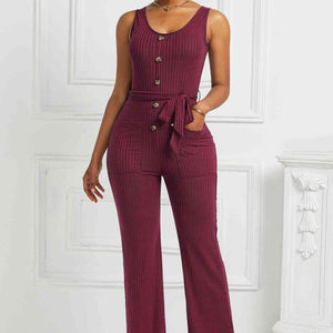 Button Detail Tie Waist Jumpsuit with Pockets Pimamour