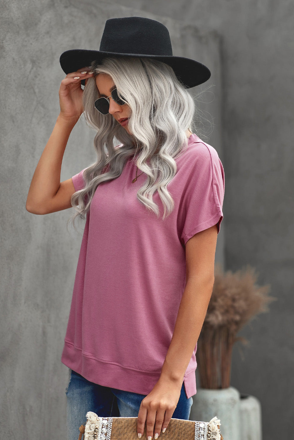 Round Neck Short Sleeve Solid Color Tee Pimamour