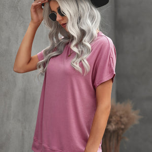 Round Neck Short Sleeve Solid Color Tee Pimamour