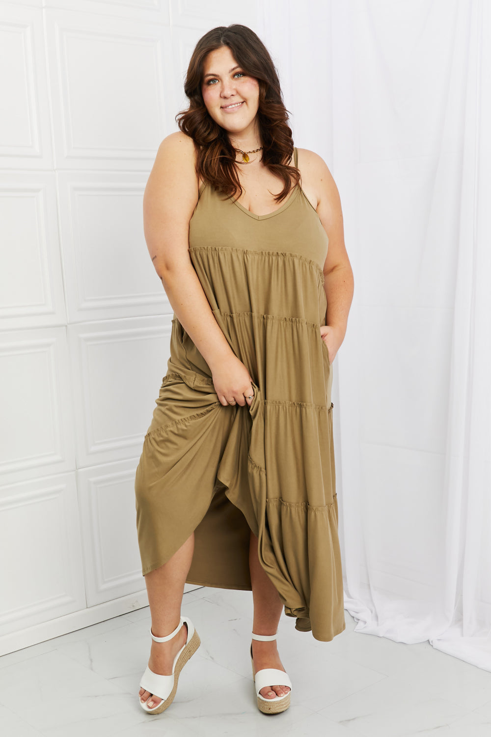 Zenana Full Size Spaghetti Strap Tiered Dress with Pockets in Khaki-Pimamour