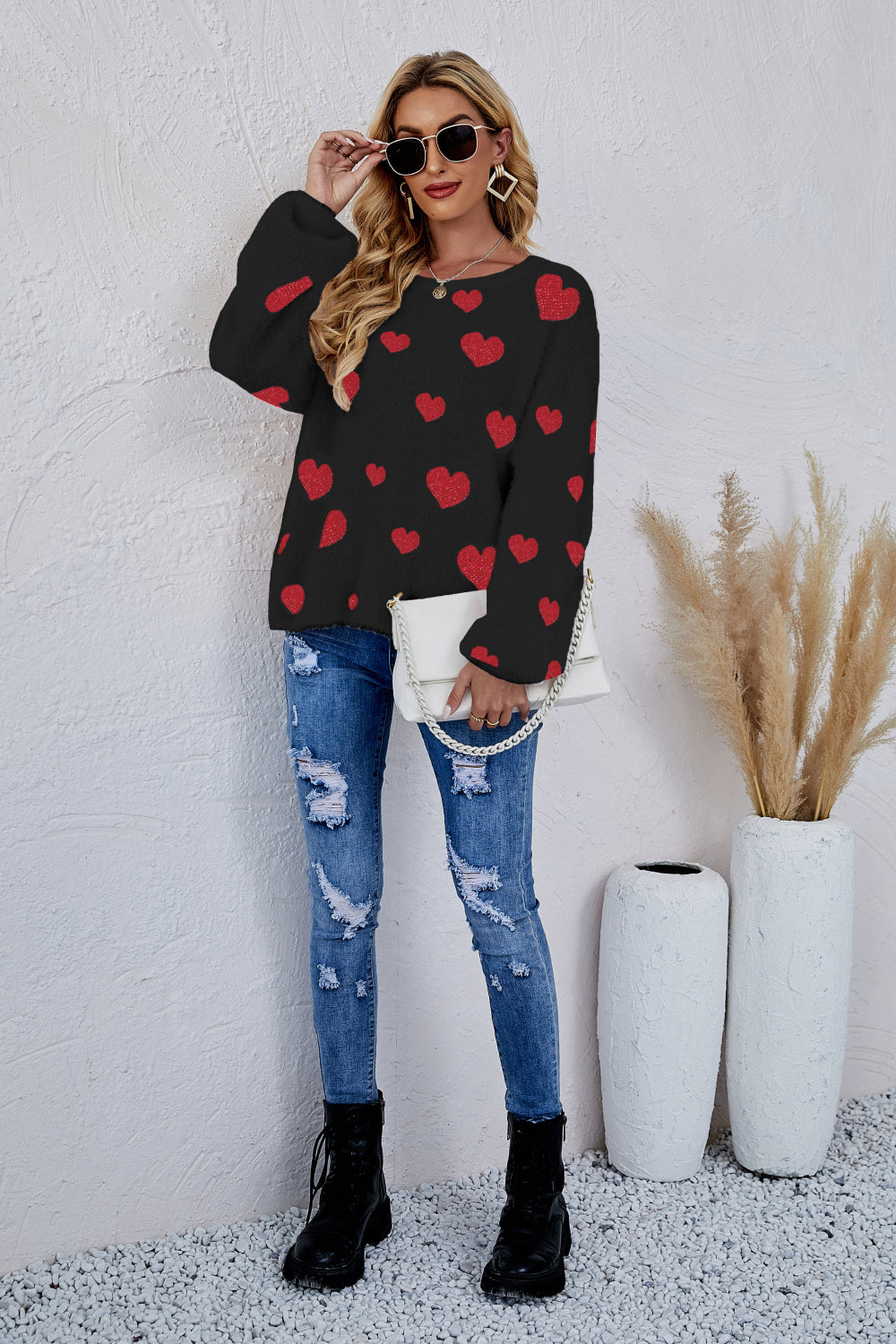 Heart Print Fuzzy Crewneck Long Sleeve Sweater Pimamour